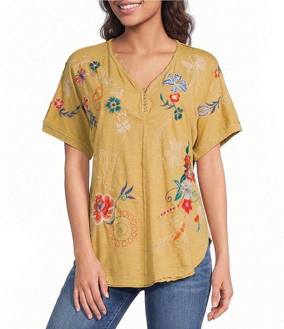 Karyn Seo Tessa Knit Vintage Inspired Embroidered V-Neck Short Dolman Sleeve Tee Product Image