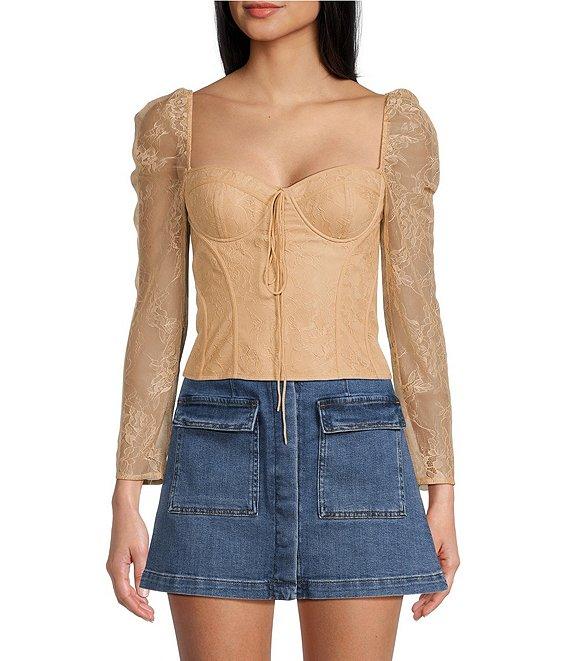 Chelsea & Violet Laura Woven Lace Sweetheart Neck Tie Front Long Sleeve Fitted Blouse Product Image