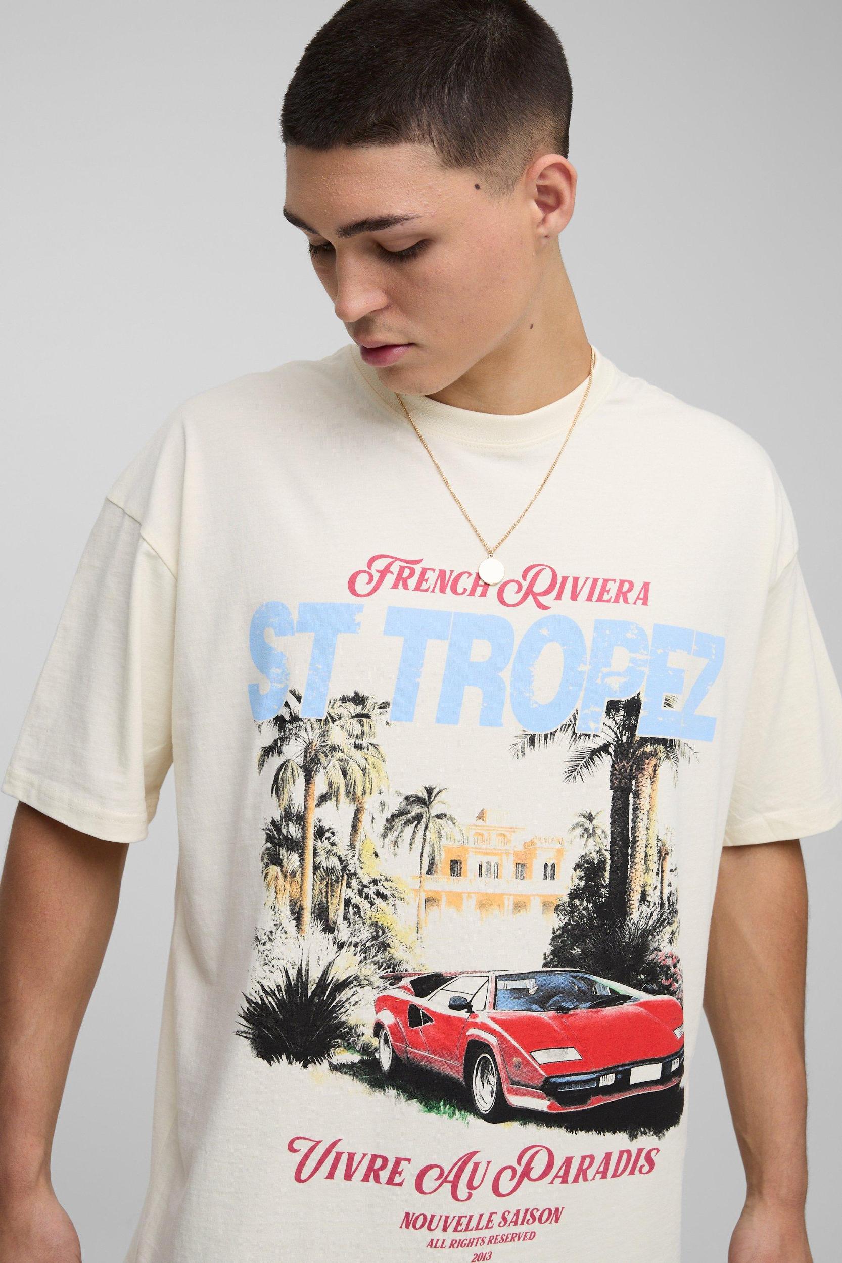 Ecru Oversized French Riviera T-Shirt | boohooMAN USA Product Image