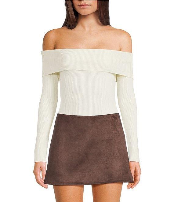 Double Zero Cropped Ribbed Knit Off-The-Shoulder Long Sleeve Top Product Image