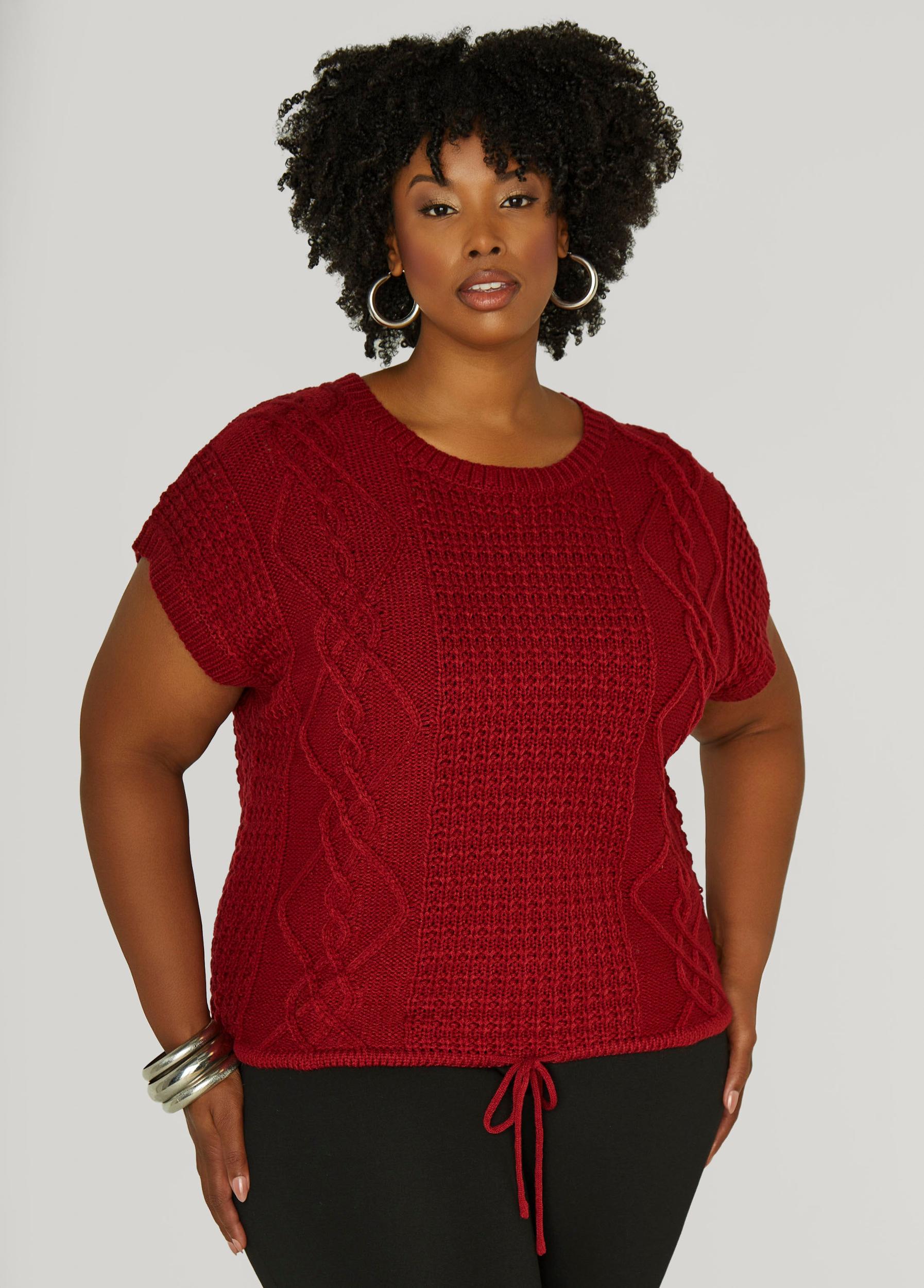 Plus Size Drawstring Cable Knit Sweater Ashley Stewart Product Image