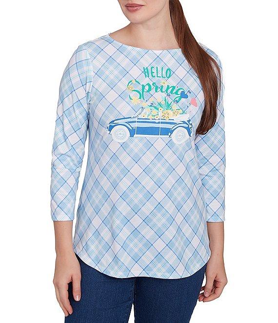 Ruby Rd. Hello Spring Plaid Crew Neck 3/4 Sleeve Knit Top Product Image