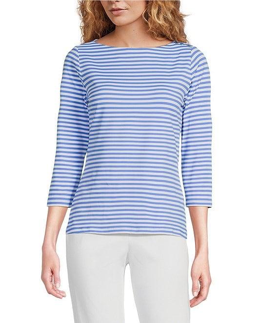 J.McLaughlin Wavesong Striped Print 3/4 Sleeve Button Shoulder Tee Shirt Product Image