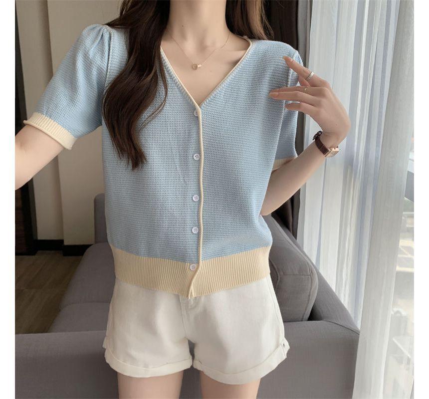 Short-Sleeve V-Neck Two Tone Cardigan Product Image