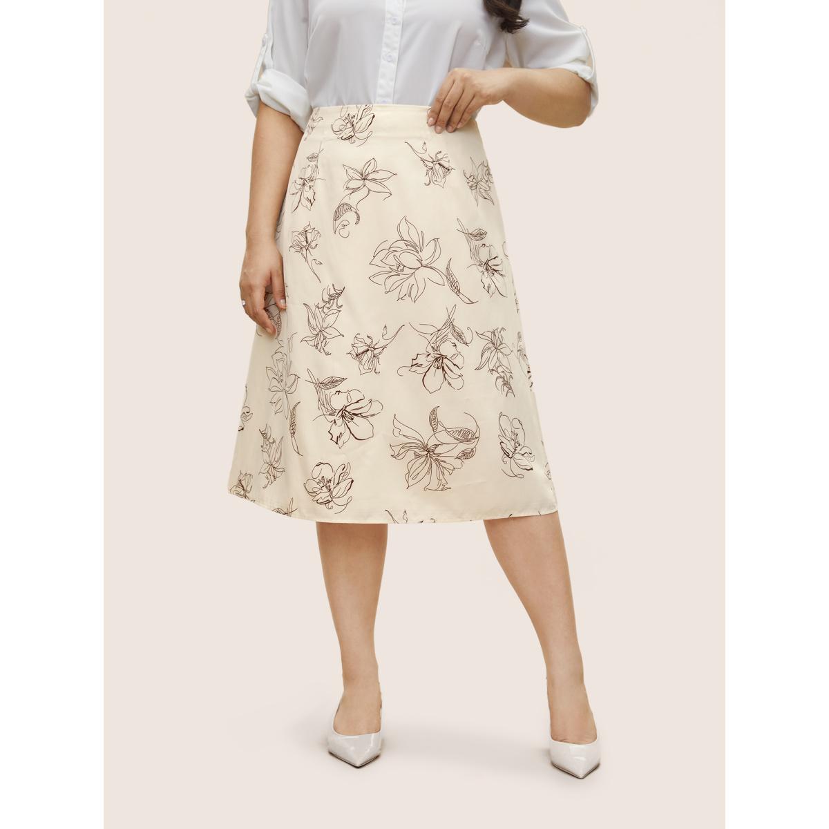 Plus Size Floral Print Pocket Zipper Fly Skirt Women Apricot Elegant Non No stretch Slanted pocket Everyday Skirts BloomChic 12/L Product Image