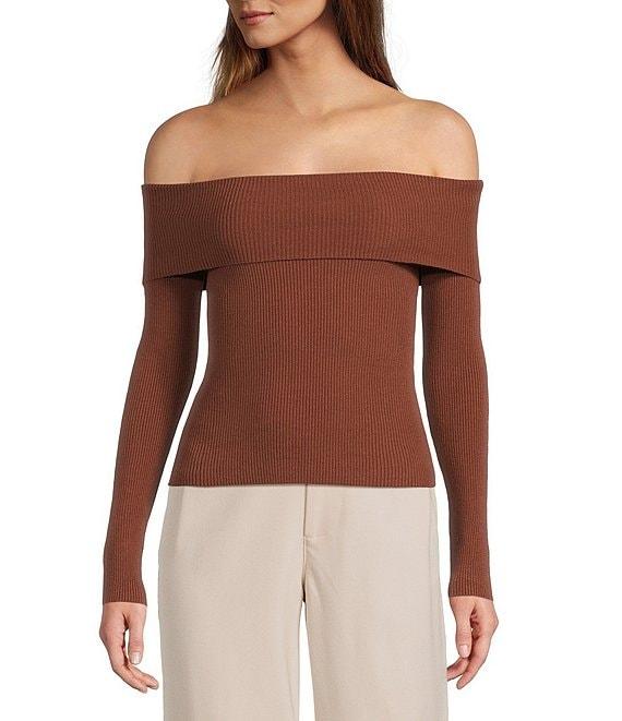 Double Zero Cropped Ribbed Knit Off-The-Shoulder Long Sleeve Top Product Image