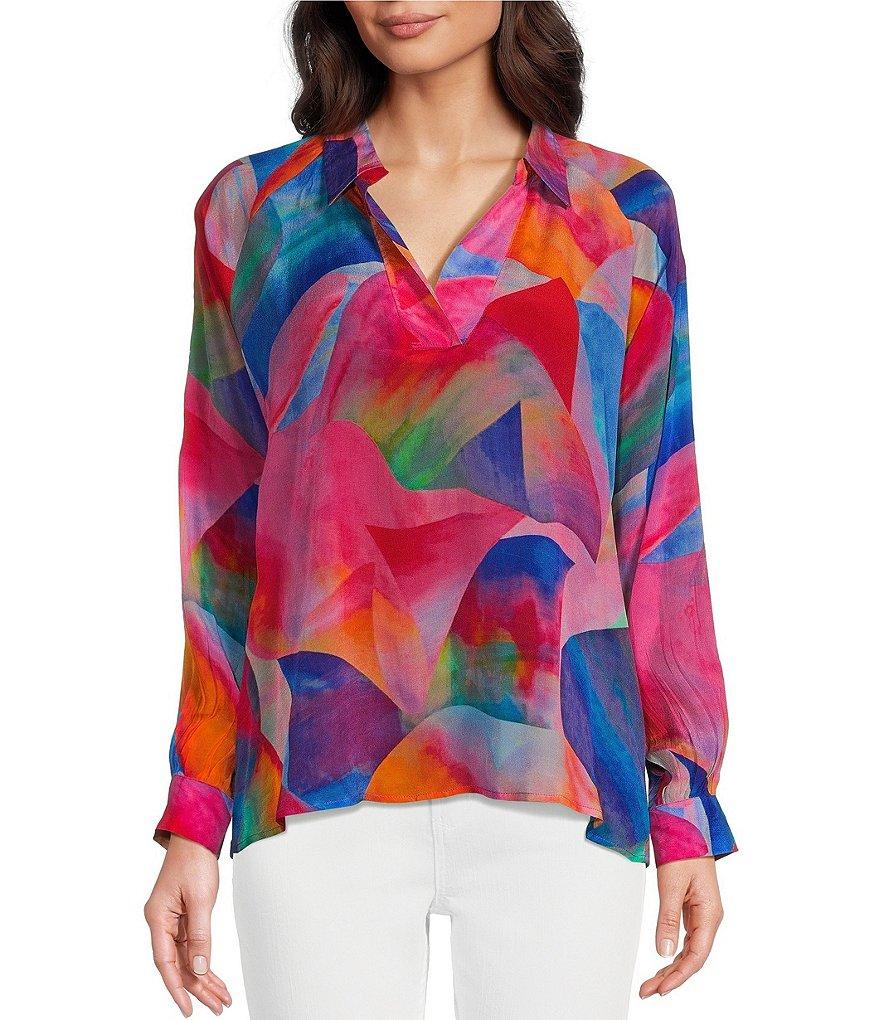 APNY Vibrant Print Half Placket Notch Collar Long Sleeve Blouse Product Image