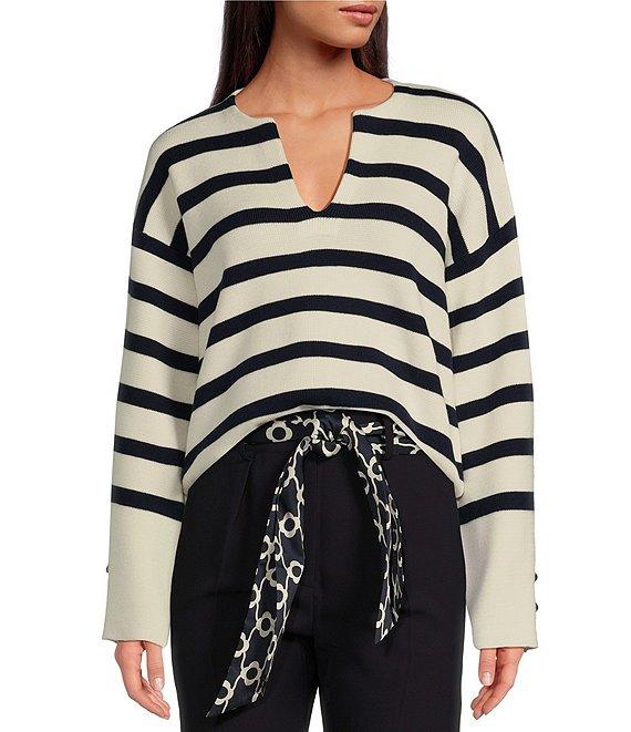 Tara Jarmon Plongeoir Wool Knit Stripe V-Neck Long Sleeve Button Cuff Sweater Product Image