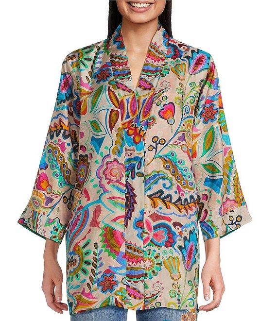 JOHNNY WAS Silk Filaree Gillian Mix Reversible Print Coordinating Open Front 3/4 Sleeve Kimono Product Image