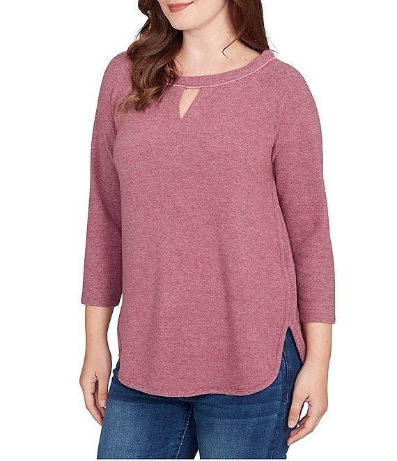 Ruby Rd. Petite Size Soft Hatchi Knit Keyhole Neck 3/4 Sleeve Top Product Image