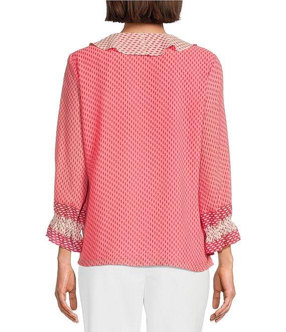Investments Riley Woven Strawberry Pink Dash Border Cascading Ruffle V-Neck 3/4 Sleeve Top Product Image