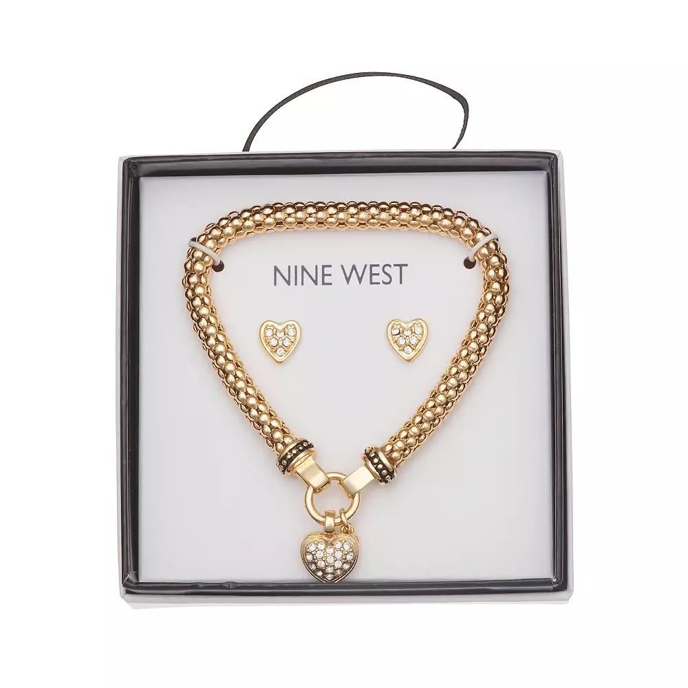 Nine West Pave Heart Bracelet & Stud Earring Set, Women's, Gold Tone Product Image