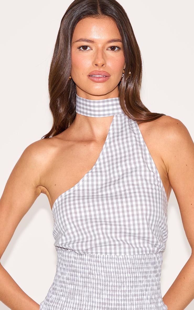 Grey Gingham Shirred Puffball Mini Dress Product Image