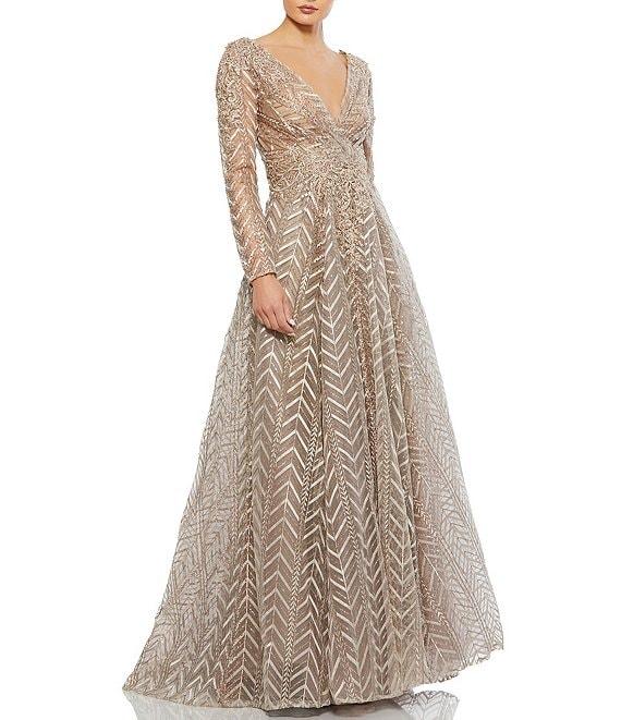 Mac Duggal Embellished Illusion Long Sleeve Wrap Over A Line Gown Product Image