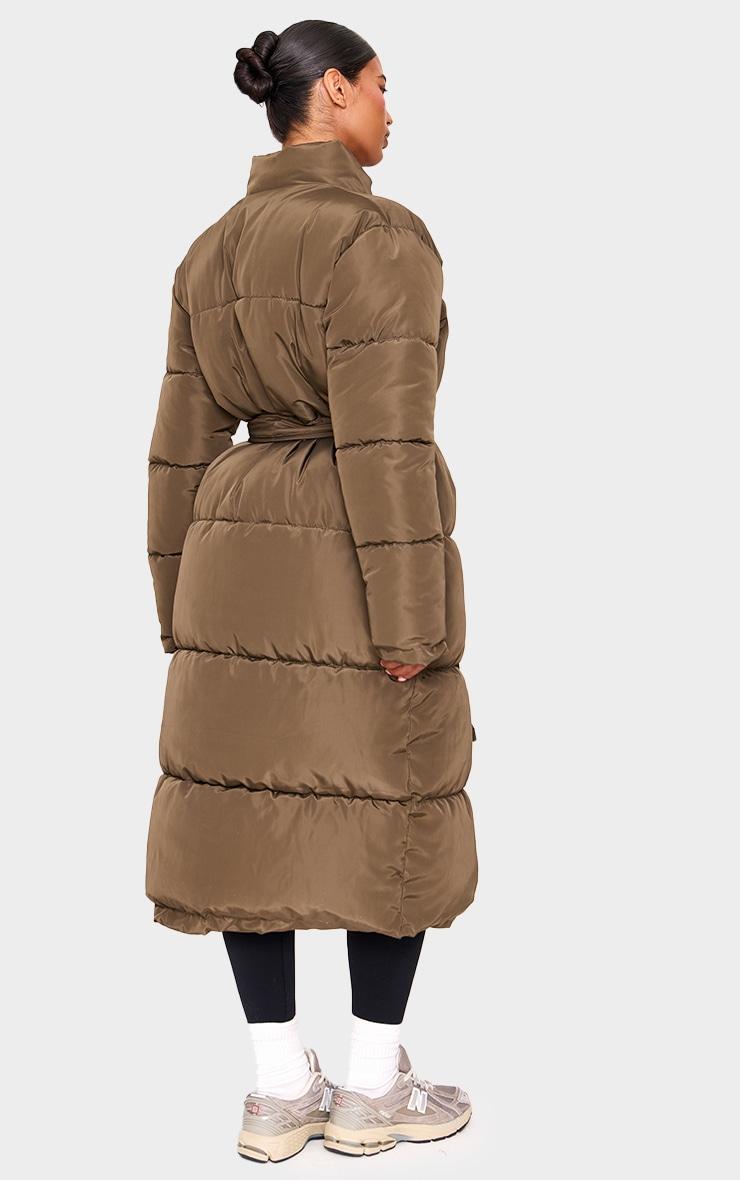 Khaki Quilted Longline Tie Waist Puffer Coat Product Image