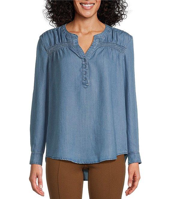 Intro Petite Size Lyocell Slub Shirred Yoke Long Roll-Tab Sleeve Shirred Popover Top Product Image
