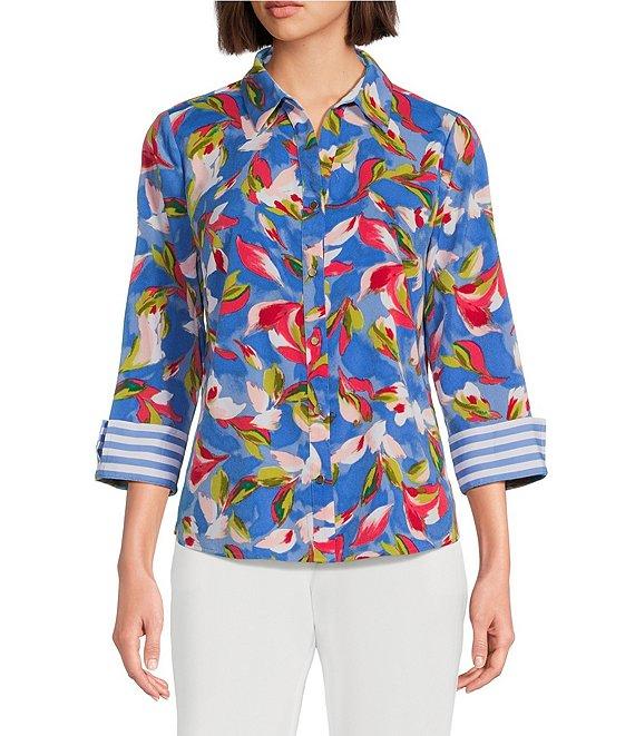 Investments Woven Whimsy Floral Stripe 3/4 Sleeve Point Collar Button Front Split Cuff Top Product Image