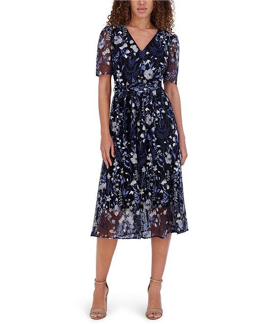 Kensie Embroidered Mesh Floral Pattern V-Neck Short Puff Sleeves Belted A-Line Dress Product Image