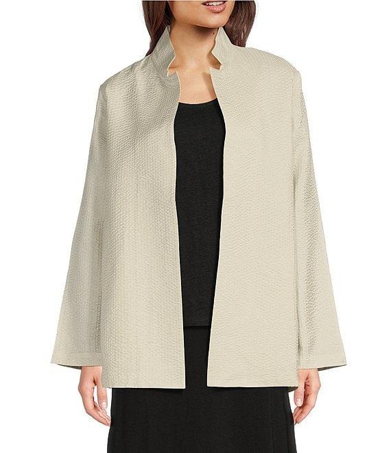 Eileen Fisher Quilted Silk Stand Collar Long Sleeve Open Front Jacket Product Image