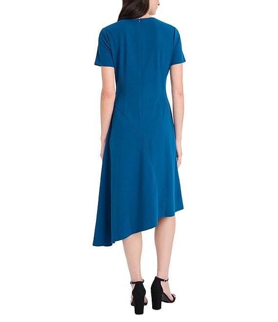 Maggy London Scuba Crepe Boat Neck Short Sleeve Asymmetrical Hem Midi Dress Product Image