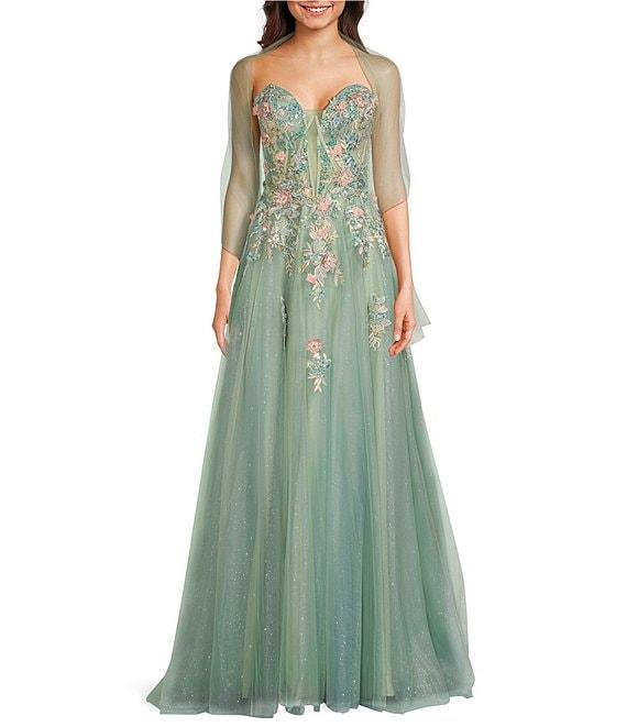 Coya Collection 3D Floral Embroidered Off-The-Shoulder Fitted Bodice Gown Product Image