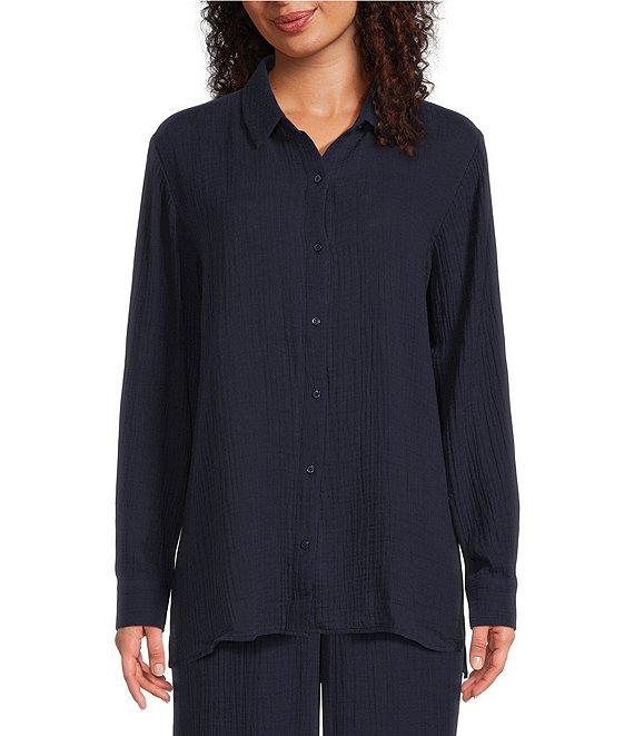 Eileen Fisher Petite Size Organic Cotton Gauze Point Collar Long Sleeve Top Product Image