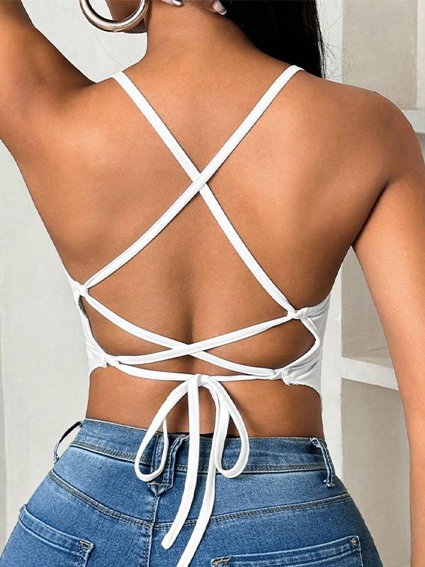 Loose Sleeveless Backless Pleated Solid Color Tied Deep V-Neck Vest Top Product Image