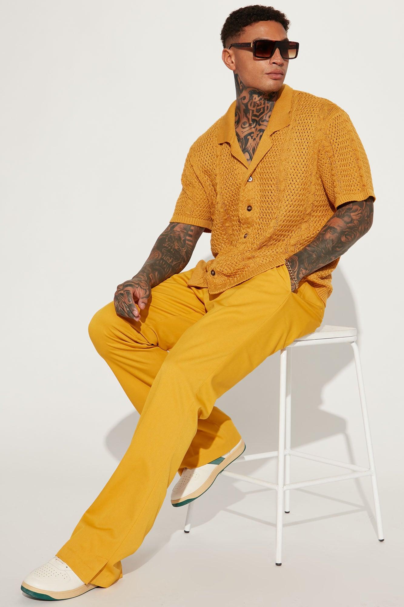 Unwind Cable Knit Short Sleeve Button Up - Mustard Product Image