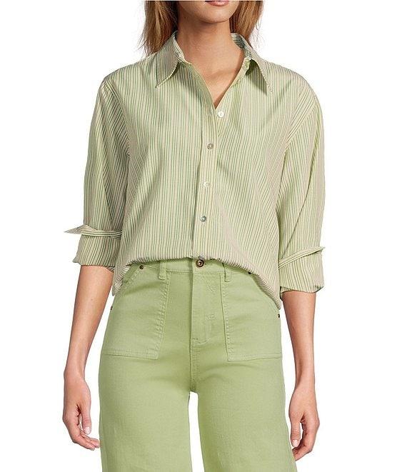 A Loves A Woven Pinstripe Point Collar Button Front Long Sleeve Shirt Product Image