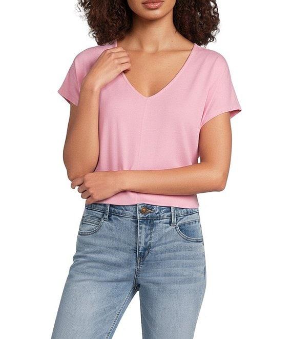 Gibson & Latimer Knit V-Neck Dropped Short Sleeve Shell Shirttail Tee Shirt Product Image