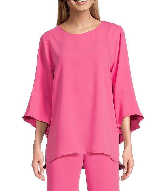 Caroline Rose Julia Matte Crepe Crew Neck 3/4 Ruffled Sleeve High-Low Hem Top Product Image