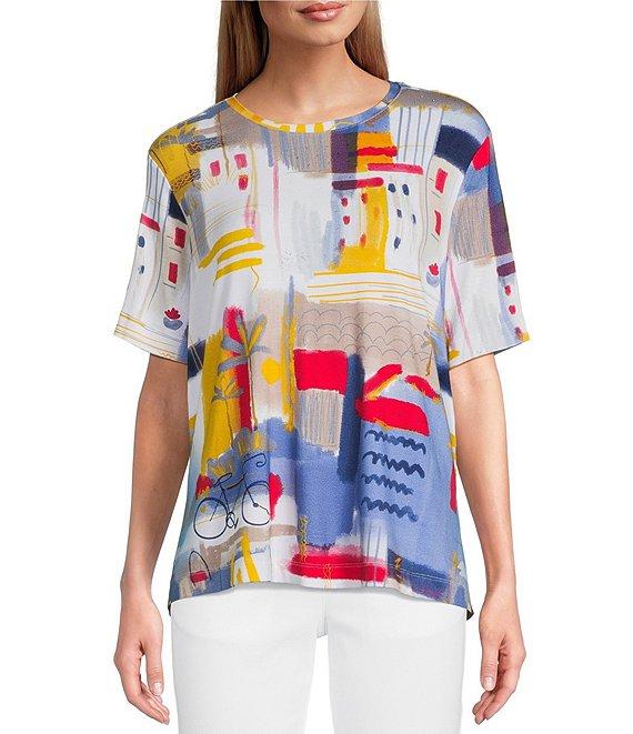 Multiples Petite Size Embellished Printed Scoop Neck 3/4 Sleeve Fitted Knit Top Product Image