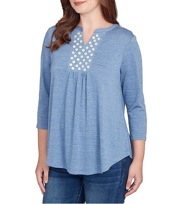 Ruby Rd. Petite Size Textured Knit Split V-Neck 3/4 Sleeve Top Product Image