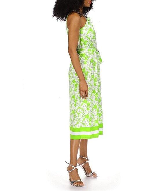 Michael Kors Tropical Palm Print Stretch Matte Jersey Chain Halter Neck Sleeveless Tie Waist A-Line Midi Dress Product Image