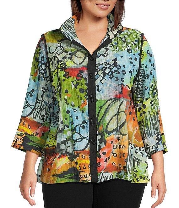Ali Miles Plus Size Textured Woven Abstract Multi Print Wire Collar 3/4 Sleeve Button-Front Tunic Product Image