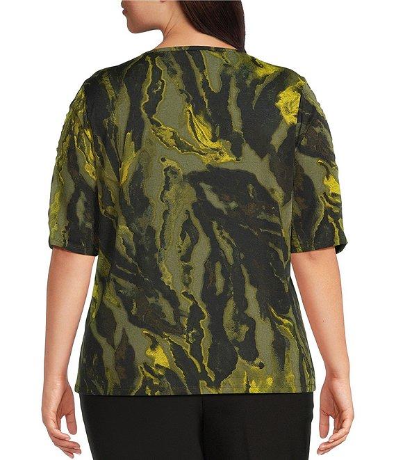 Investments Plus Size Knit Painted Bronze Green Zebra Elbow Length Sleeve Crew Neck Top Product Image