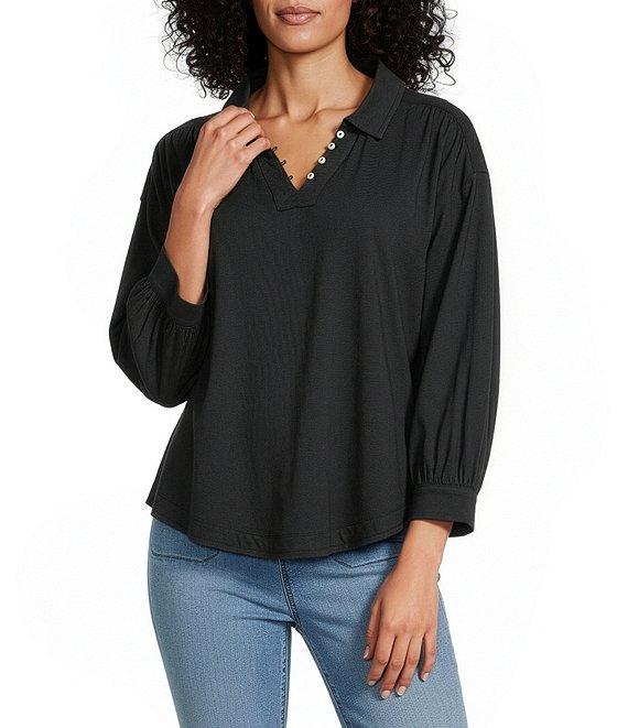 Westbound 3/4 Sleeve V Neck Collared Slub Knit Top Product Image