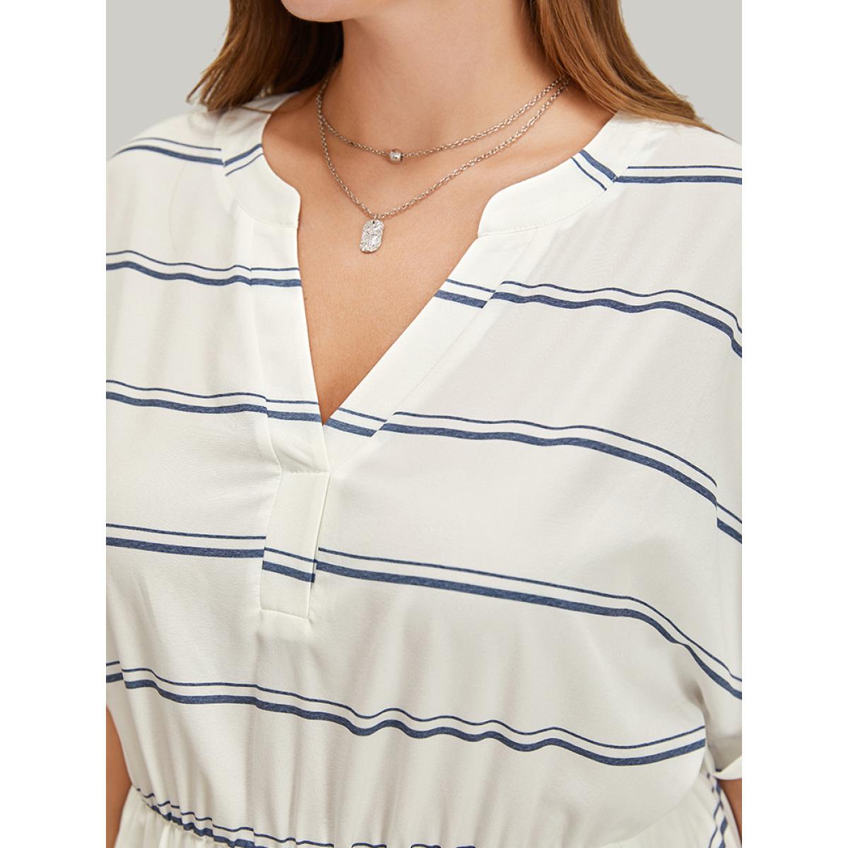 Plus Size Striped Notched Neck Pocket Roll Batwing Sleeve Dress White Women Office Lined Notched collar Short sleeve Curvy Midi Dress BloomChic 10/M Product Image