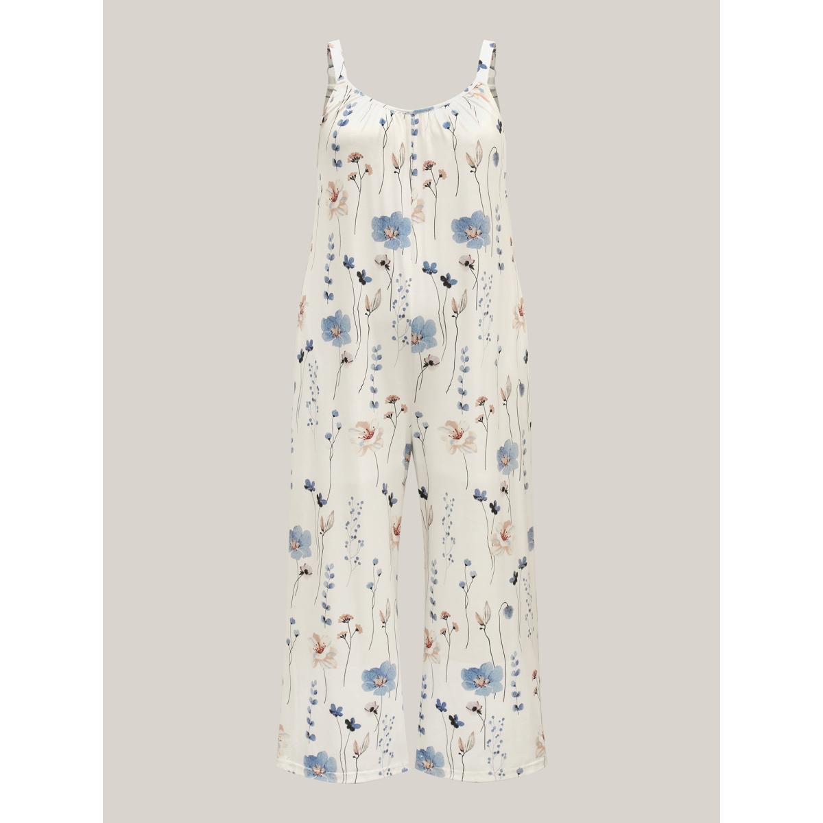 Plus Size WhiteSmoke Stretchy Lined Floral Print Cami Jumpsuit Women Leisure Sleeveless Round Neck Casual Loose Jumpsuits BloomChic 30/6X Product Image
