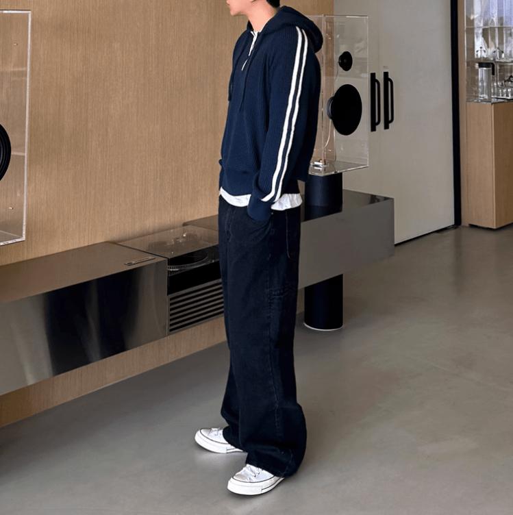 RT No. 11531 KNIT DARK BLUE STRIPE PULLOVER HOODIE Product Image