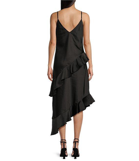 GB Cascading Satin Asymmetrical Ruffle Midi Dress Product Image