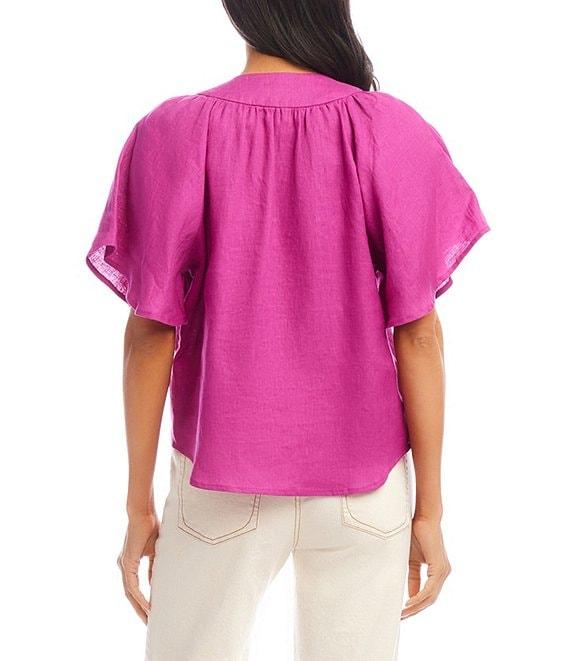 Karen Kane Linen Split V-Neck Short Flutter Sleeve Top Product Image