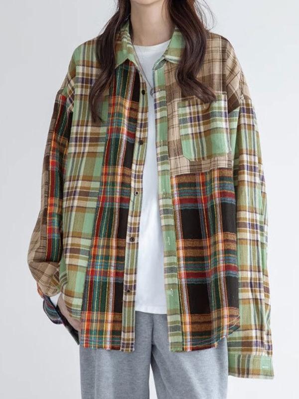 Irregular Plaid Splice Long Sleeve Blouse Product Image