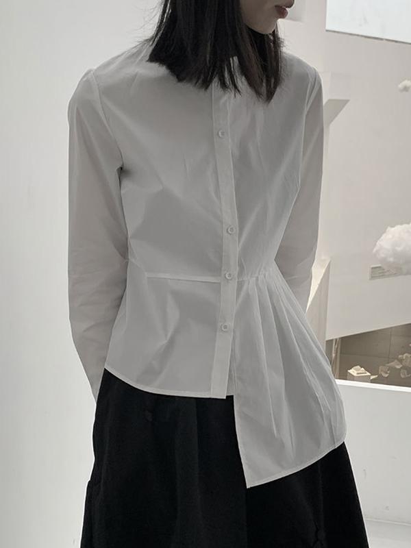 Long Sleeves Asymmetric Buttoned Pleated Solid Color Round-Neck Blouses&Shirts Tops Product Image