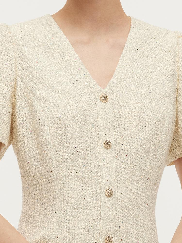 Tweed Sequins V-Neck Ruffle Hem Women Mini Dress Product Image