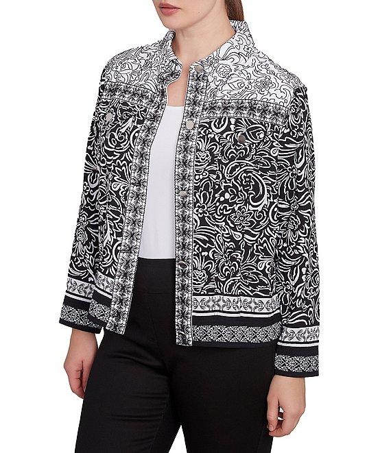 Ruby Rd. Petite Size Luxe Voile Abstract Botanical Border Print Point Collar Long Sleeve Button-Front Jacket Product Image