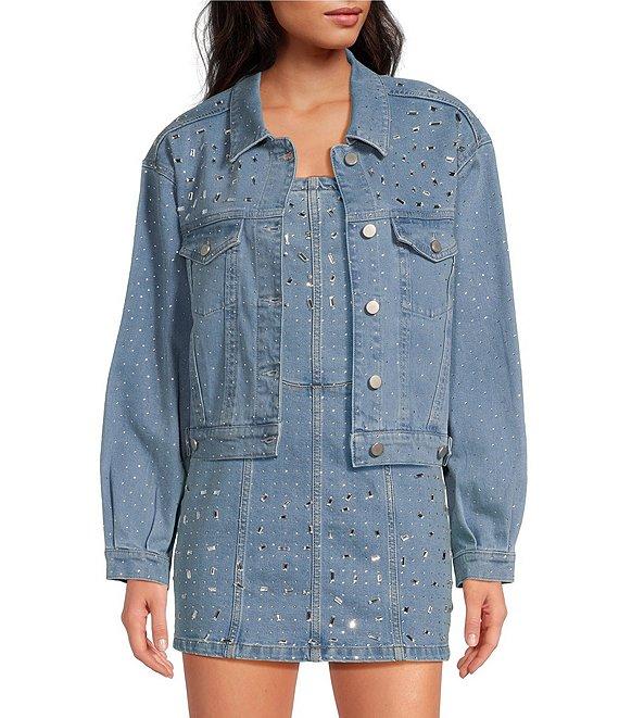 Gianni Bini Tara Point Collar Rhinestone Long Sleeve Denim Jacket Product Image