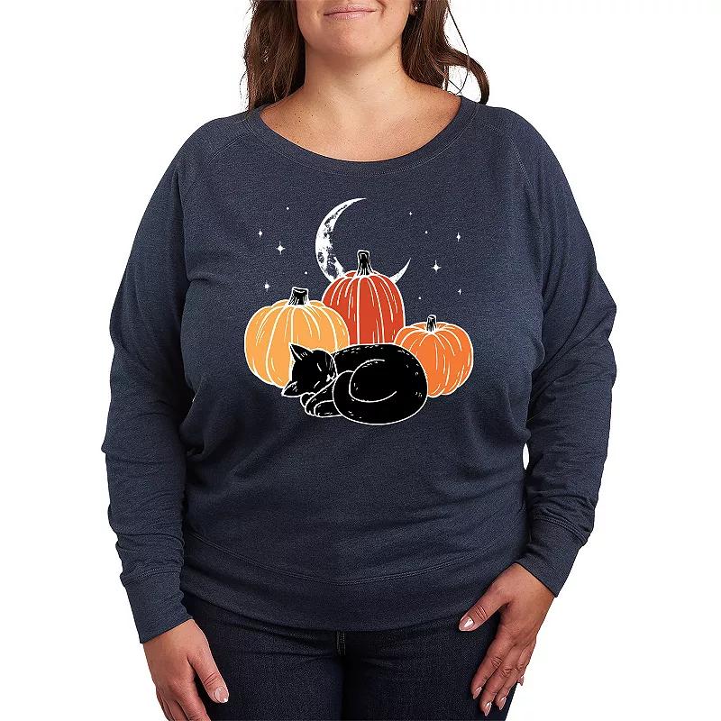 Plus Size Black Cat Pumpkin Nap French Terry Long Sleeve Tee, Women's, Size: 1XL, Heather Grey Product Image