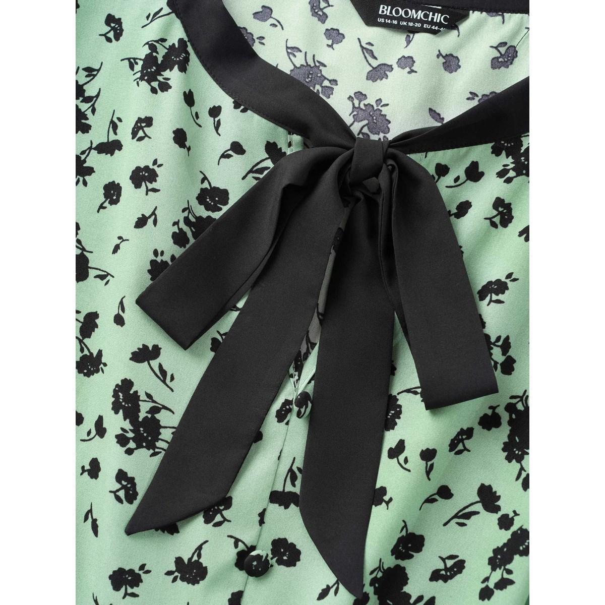 Plus Size Floral A-line Midi Dress Palemauve Women Elegant Tie knot Round Neck Short sleeve Curvy BloomChic 22-24/3X Product Image