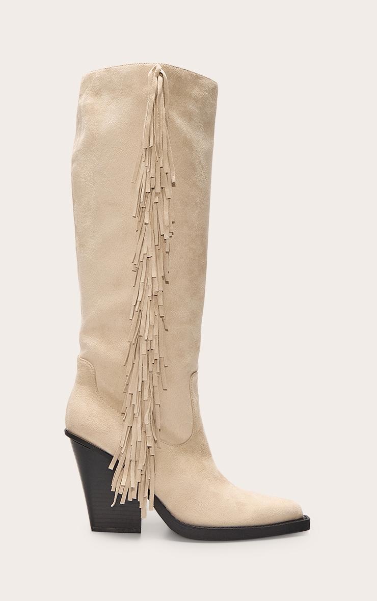 Cream Faux Suede Point Toe Fringed High Block Heel Knee Boots Product Image